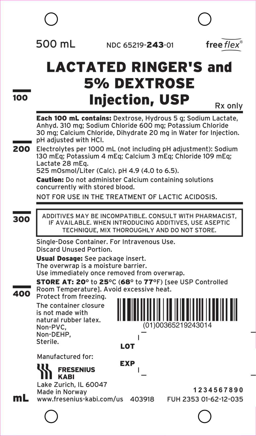 PACKAGE LABEL - PRINCIPAL DISPLAY – Lactated Ringer's and 5% Dextrose Injection, USP 500 mL Bag Label
