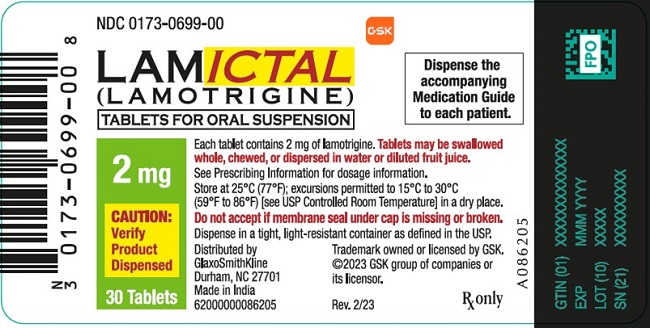 Lamictal 2 mg tablet for Oral Suspension 100 count label