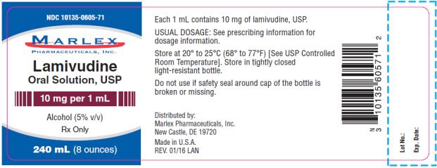 PRINCIPAL DISPLAY PANEL
NDC 10135-0605-71
Marlex
Lamivudine
Oral Solution, USP
10 mg per 1 mL
Rx Only
240 mL ( 8 ounces)
