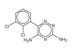 The structural formula for Lamotrigine, an AED of the phenyltriazine class, is chemically unrelated to existing AEDs. Lamotrigine’s chemical name is 3,5-diamino-6-(2,3-dichlorophenyl)-as-triazine, its molecular formula is C9H7N5Cl2, and its molecular weight is 256.09. Lamotrigine, USP is a white to pale cream-colored powder and has a pKa of 5.7. Lamotrigine, USP is very slightly soluble in water (0.17 mg/mL at 25°C) and slightly soluble in 0.1 M HCl (4.1 mg/mL at 25°C).