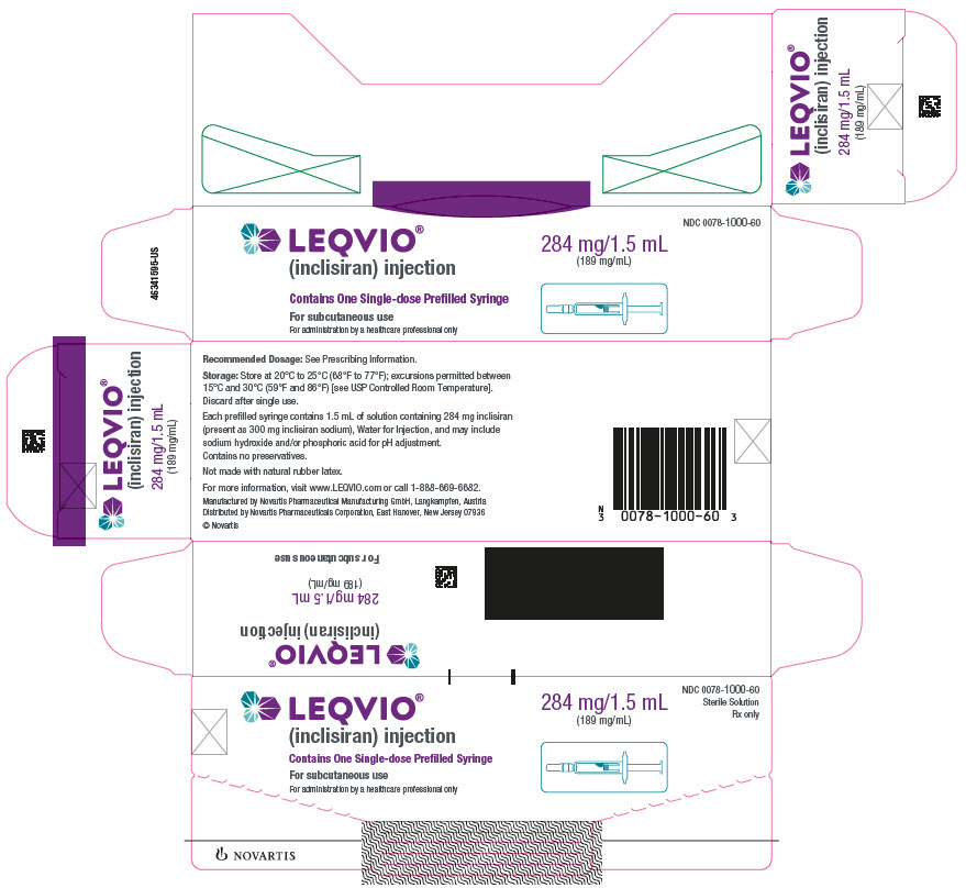 PRINCIPAL DISPLAY PANEL
									LEQVIO®
									(inclisiran) injection
									Contains One Single-dose Prefilled Syringe
									For subcutaneous use
									For administration by a healthcare professional only
									284 mg/1.5 mL
									(189 mg/mL)
									NDC 0078-1000-60
									Sterile Solution
									Rx only
									NOVARTIS
							
