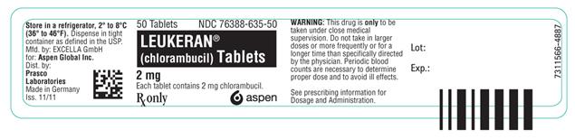 NDC 76388-635-50 LEUKERAN® (chlorambucil) Tablets 2 mg 50 Tablets Each tablet contains 2 mg chlorambucil. Rx only