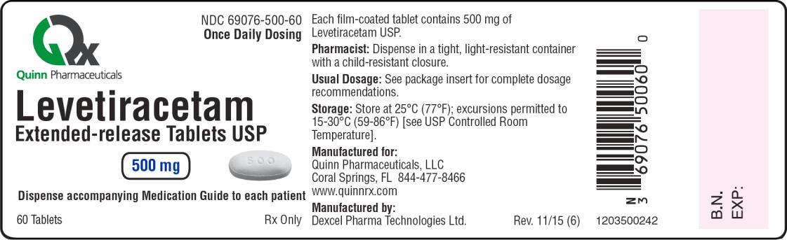 PRINCIPAL DISPLAY PANEL
NDC 69076-500-60
Once Daily Dosing
Levetiracetam
Extended-release Tablets USP
500 mg