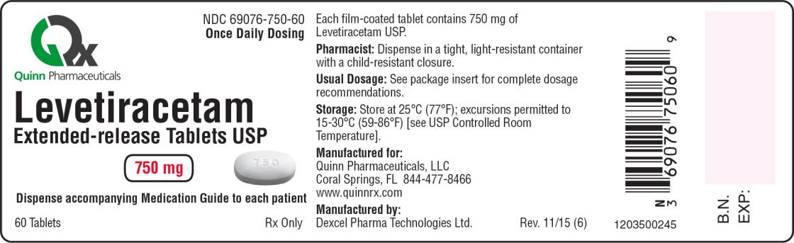 PRINCIPAL DISPLAY PANEL
NDC 69076-750-60
Once Daily Dosing
Levetiracetam
Extended-release Tablets USP
750 mg