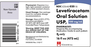 Levetiracetam Oral Solution USP, 100 mg/mL 16 fl oz bottle label