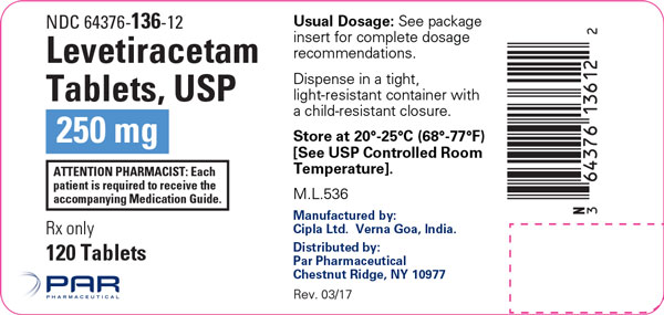 Image of a Levetiracetam Tablets, USP 250 mg label.