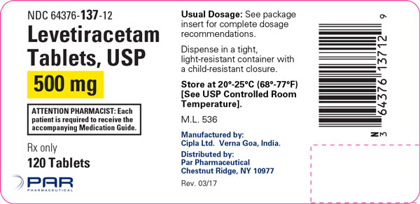 Image of a Levetiracetam Tablets, USP 500 mg label.
