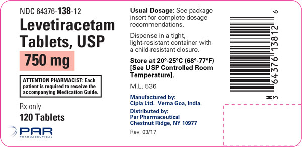 Image of a Levetiracetam Tablets, USP 750 mg label.
