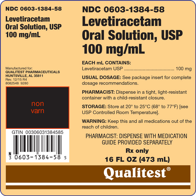 This is an image of the label for Levetiracetam Oral Solution 100 mg/mL.