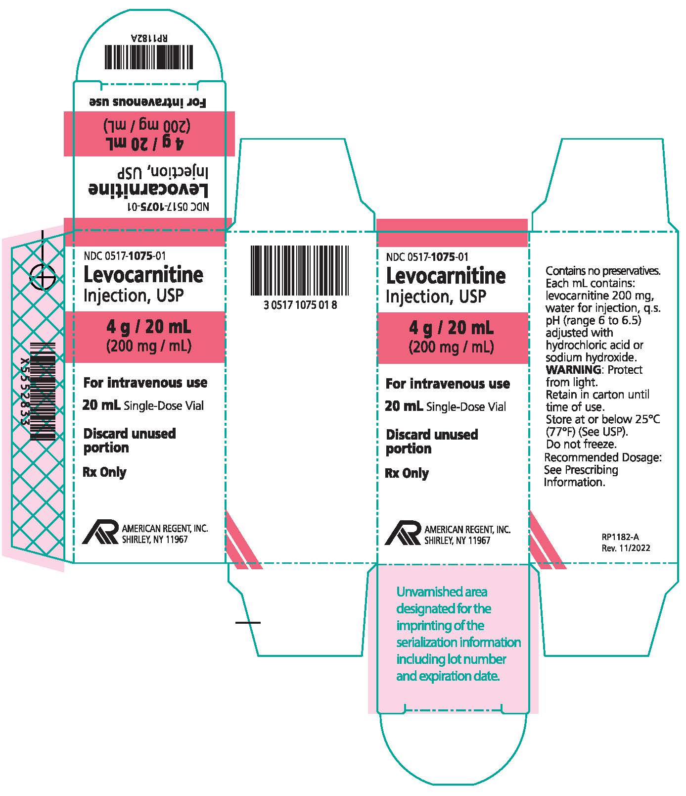 levocarnitine 20 mL single dose vial carton