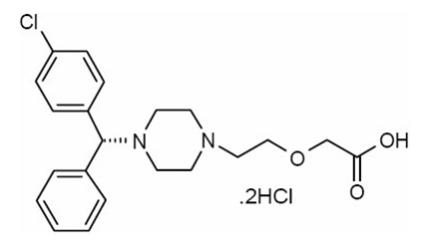The chemical structure for Levocetirizine dihydrochloride, the active component of levocetirizine dihydrochloride tablets USP, is an orally active H 1-receptor antagonist. The chemical name is (R)-[2-[4-[(4-chlorophenyl) phenylmethyl]-1-piperazinyl] ethoxy] acetic acid dihydrochloride.  Levocetirizine dihydrochloride is the R enantiomer of cetirizine hydrochloride, a racemic compound with antihistaminic properties. The molecular formula of levocetirizine dihydrochloride is C 21H 25ClN 2O 3•2HCl. 