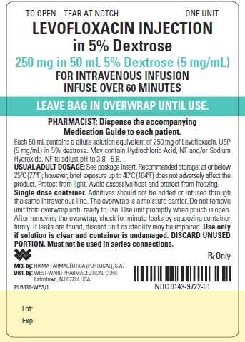 TO OPEN - TEAR AT NOTCH ONE UNIT LEVOFLOXACIN INJECTION in 5% Dextrose 250 mg in 50 mL 5% Dextrose (5 mg/mL) FOR INTRAVENOUS INFUSION INFUSE OVER 60 MINUTES LEAVE BAG IN OVERWRAP UNTIL USE. PHARMACIST: Dispense the accompanying Medication Guide to each patient. Each 50 mL contains a dilute solution equivalent of 250 mg of Levofloxacin, USP (5 mg/mL) in 5% dextrose. May contain Hydrochloric Acid, NF and/or Sodium Hydroxide, NF to adjust pH to 3.8-5.8. USUAL ADULT DOSAGE: See package insert. Recommended storage: at or below 25ºC (77ºF); however, brief exposure up to 40ºC (104ºF) does not adversely affect the product. Protect from light. Avoid excessive heat and protect from freezing. Single dose container. Additives should not be added or infused through the same intravenous line. The overwrap is a moisture barrier. Do not remove unit from overwrap until ready to use. Use unit promptly when pouch is open. After removing the overwrap, check for minute leaks by squeezing container firmly. If leaks are found, discard unit as sterility may be impaired. Use only if solution is clear and container is undamaged. DISCARD UNUSED PORTION. Must not be used in series connections. Rx Only NDC 0143-9722-01