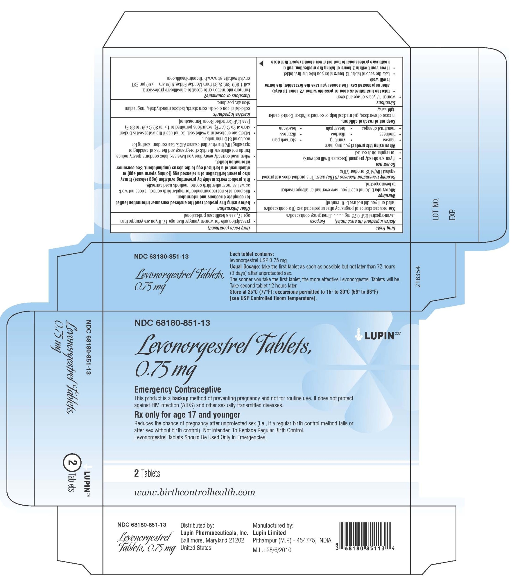 Levonorgestrel Tablets, 0.75 mg
Rx only for age 17 and younger
NDC 68180-851-13
					Carton Label: 2 Tablets