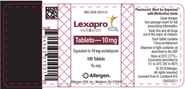 NDC 0456-2010-01
Lexapro
escitalopram 
Tablets 10 mg
100 Tablets
Rx Only
