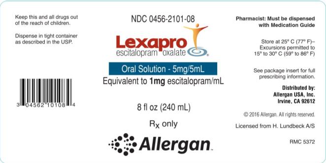 NDC 0456-2101-08
Lexapro
escitalopram 
Oral Solution 5 mg/5mL
8 fl oz (240 mL)
Rx Only
