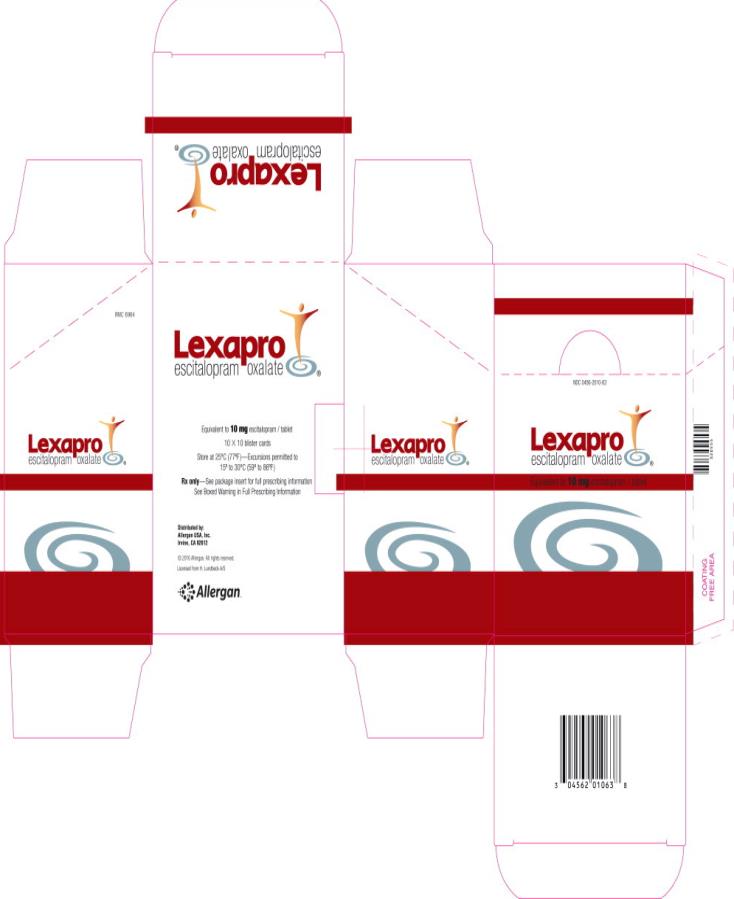 NDC 0456-2010-63
Lexapro
escitalopram 
Equivalent to 10 mg escitalopram/tablet
Rx Only

