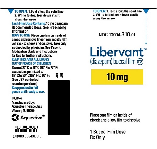 PRINCIPAL DISPLAY PANEL
Rx Only
NDC 10094-310-01
Libervant
(diazepam) buccal film
10 mg
1 Buccal Film Dose
