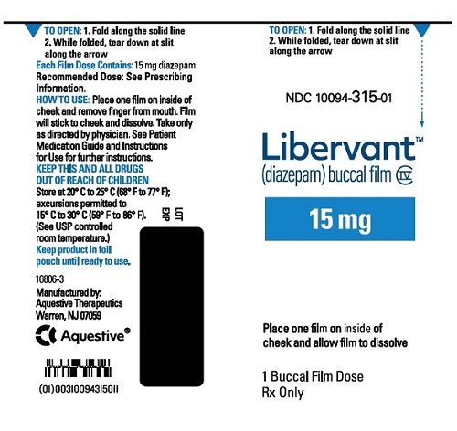PRINCIPAL DISPLAY PANEL
Rx Only
NDC 10094-315-01
Libervant
(diazepam) buccal film
15 mg
1 Buccal Film Dose
