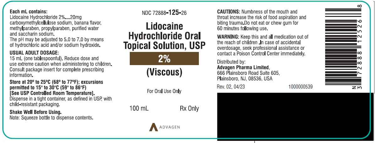 Lidocaine Hydrochloride Oral Topical Solution, USP (Viscous) 2% - NDC 72888-125-26 - 100 mL Bottle label