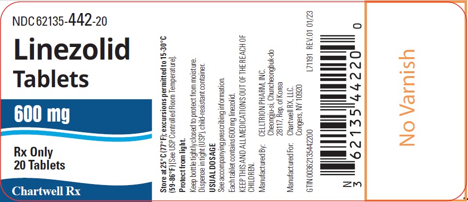 Linezolid Tablets 600 mg – NDC 62135-442-20 - 20 Tablets Bottle Label