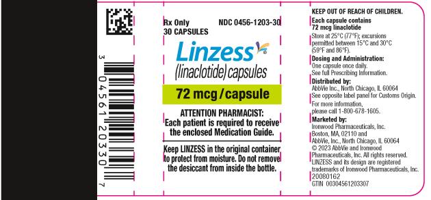 PRINCIPAL DISPLAY PANEL
NDC 0456-1203-30
Rx Only
30 CAPSULES
Linzess
(linaclotide) capsules
72 mcg/capsule
