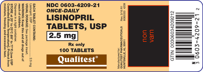 This is an image of the label for 2.5 mg Lisinopril Tablets, USP.