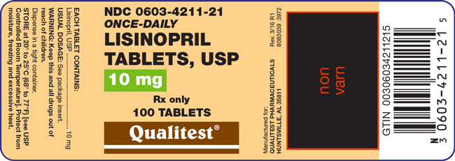 This is an image of the label for 10 mg Lisinopril Tablets, USP.