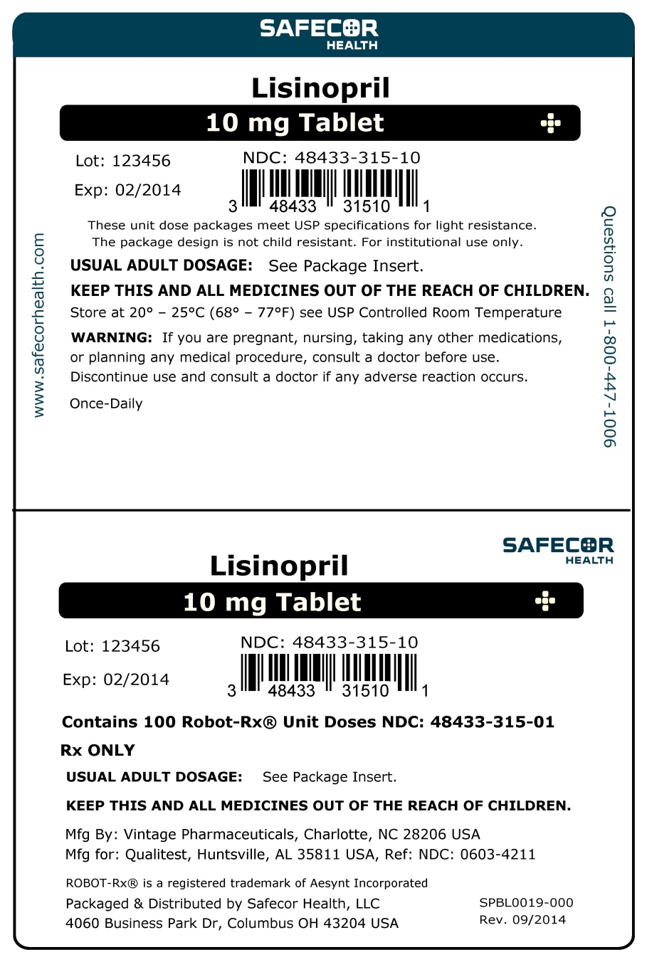 Lisinopril 10 mg Robot Unit Dose Box Label