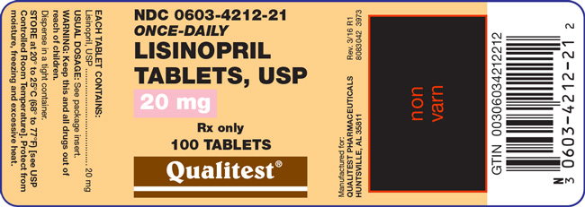 This is an image of the label for 20 mg Lisinopril Tablets, USP.