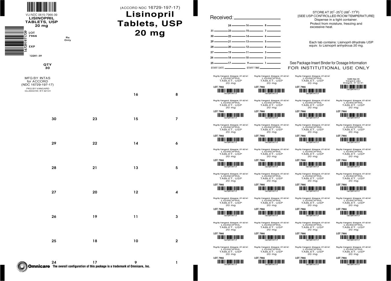 Lisinopril 20mg bingo card label