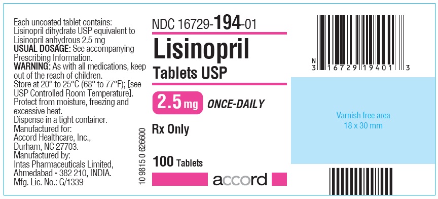 100 Tablet Bottle Label for Lisinopril 2.5 mg
