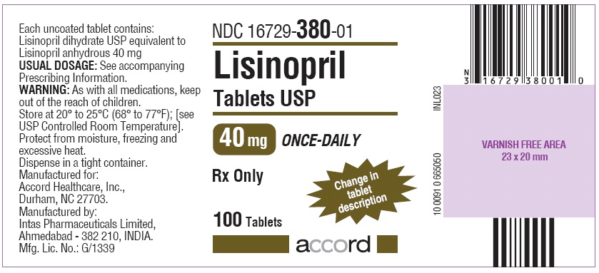 100 Tablet Bottle Label for Lisinopril 40 mg