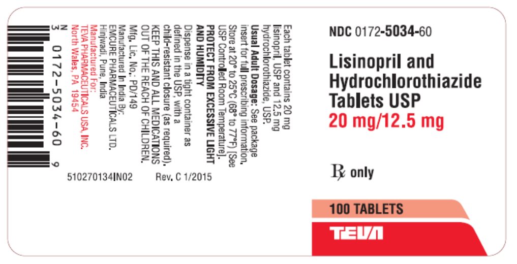 Lisinopril and Hydrochlorothiazide Tablets USP 20mg/12.5mg 100s Label
