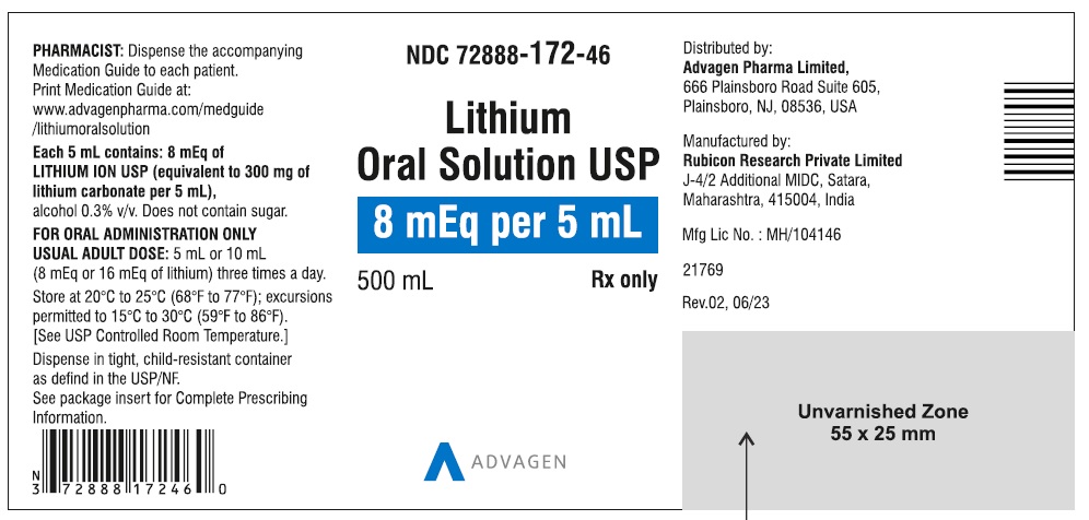 Lithium Oral Solution, USP 8mEq per 5mL - NDC 72888-172-46 - 500 mL Bottle Label
