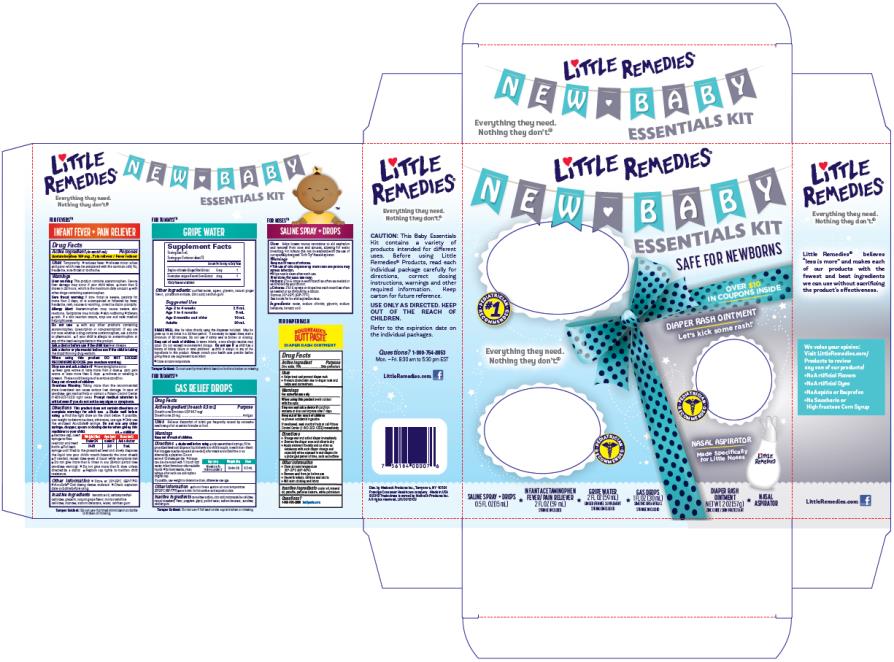 PRINCIPAL DISPLAY PANEL

Little Remedies®
New Baby Essentials Kit

INFANT FEVER/PAIN RELIEVER 
ACETAMINOPHEN / FEVER/PAIN RELIEVER 
2 FL OZ (59 mL)
Syringe Included

GAS DROPS
SIMETHICONE /ANTIGAS
1 FL OZ (30 mL)
Syringe Included

DIAPER RASH OINTMENT 
ZINC OXIDE / SKIN PROTECTANT  
2 OZ (57 g) 

SALINE SPRAY + DROPS 
0.5 FL OZ (15 mL)

GRIPE WATER 
GINGER / FENNEL SUPPLEMENT
2 FL OZ (59 mL)
Syringe Included

Nasal Aspirator
