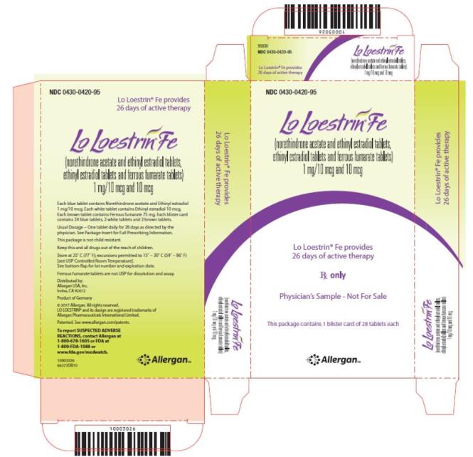 NDC 0430-0420-95
Lo Loestrin® Fe 
(norethindrone acetate and ethinyl estradiol tablets,
ethinyl estradiol tablets and ferrous fumarate tablets)
1 mg/10 mcg and 10 mcg
Lo Loestrin® Fe provides
26 days of active therapy
Rx only
Physician’s Sample – Not For Sale
This package contains 1 blister card of 28 tablets each
Allergan

