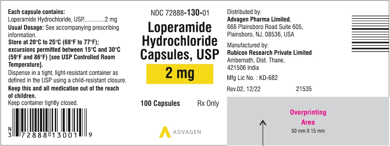 Loperamide hydrochloride capsules USP, 2 mg - NDC 72888-130-01 - 100 Tablets Label