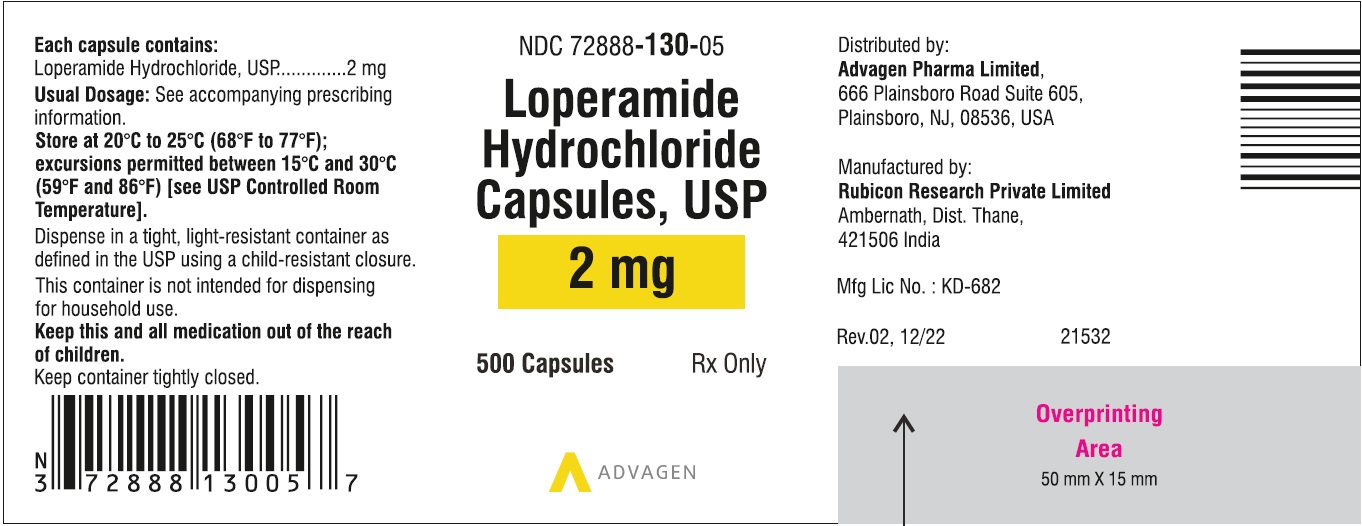 Loperamide hydrochloride capsules USP, 2 mg - NDC 72888-130-05 - 500 Tablets Label