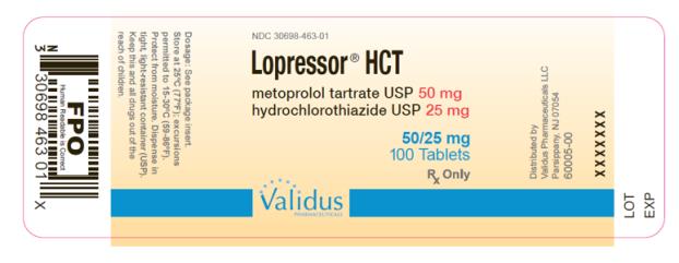 NDC 30698-463-01
Lopressor HCT®
metoprolol tartrate USP 50 mg
hydrochlorothiazide USP 25 mg
50/25 mg
100 Tablets
Rx Only
