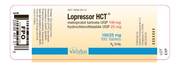 NDC 30698-461-01
Lopressor HCT®
metoprolol tartrate USP 100 mg
hydrochlorothiazide USP 25 mg
100/25 mg
100 Tablets
Rx Only
