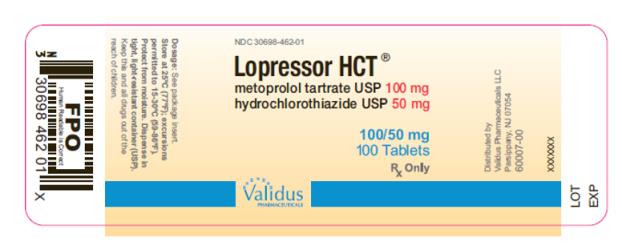 NDC 30698-462-01
Lopressor HCT®
metoprolol tartrate USP 100 mg
hydrochlorothiazide USP 50 mg
100/50 mg
100 Tablets
Rx Only
