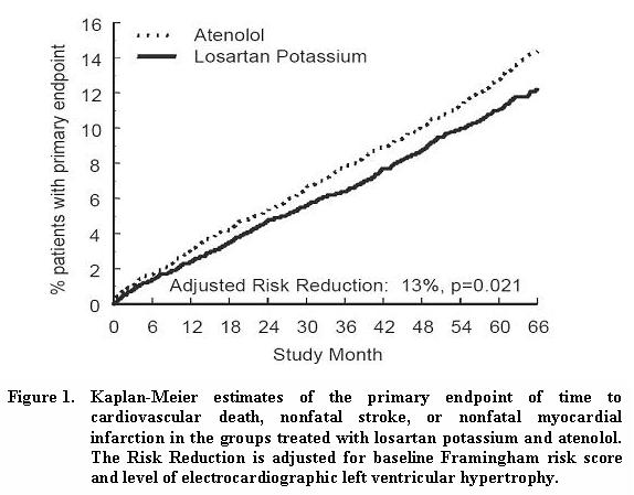 Figure 1: Primary endpoint of time to cardiovascular death, nonfatal stroke, or nonfatal myocardial infarction in the groups treated with losartan potassium and atenolol