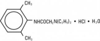 The structural formula of lidocaine hydrochloride.