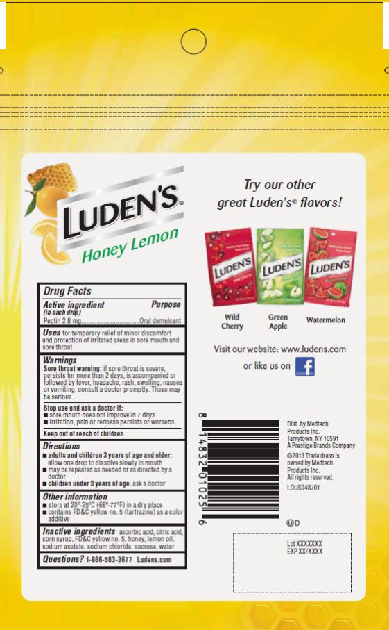 PRINCIPAL DISPLAY PANEL
Luden’s ® 
Honey Lemon
Pectin lozenge/ oral demulcent 

25 Throat Drops 

Luden’s ® 
Honey Lemon
Pectin lozenge/ oral demulcent 	

90 Throat Drops 
