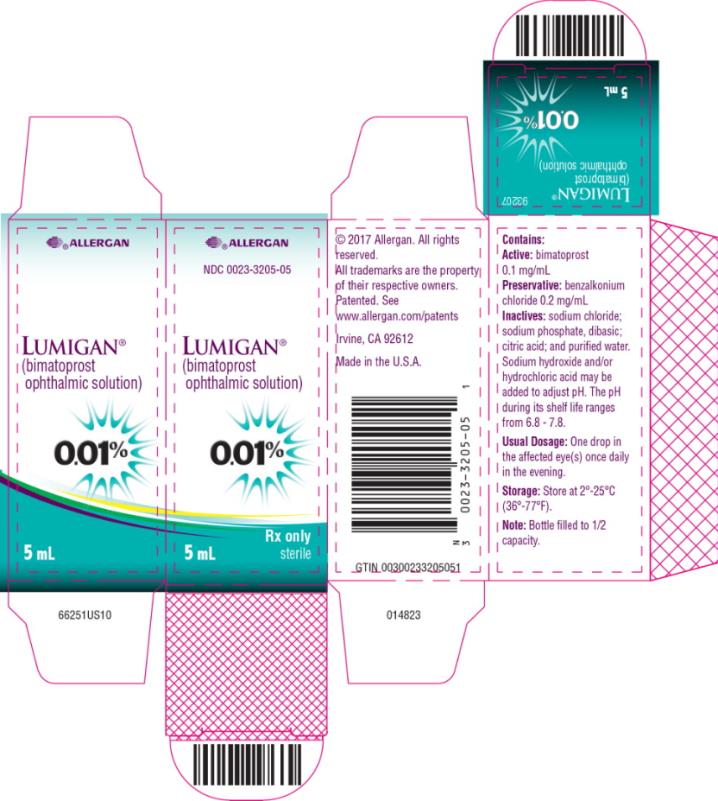 ALLERGAN 

NDC 0023-3205-05 

LUMIGAN® 
(bimatoprost
ophthalmic solution) 

0.01% 

Rx only 

5 mL sterile

