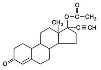 Norethindrone acetate USP, (17-hydroxy-19-nor-17α-pregn-4-en-20-yn-3-one acetate), a synthetic, orally active progestin, is the acetic acid ester of norethindrone. It is a white, or creamy white, crystalline powder. 