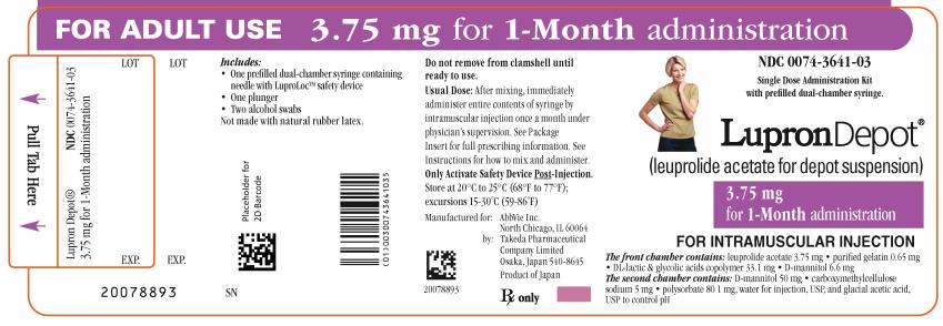NDC 0074-3641-03 
FOR ADULT USE 3.75 mg for 1 - Month administration 
Single Dose Administration Kit with prefilled dual-chamber syringe. 
LupronDepot®
(leuprolide acetate for depot suspension) 
3.75 mg for 1 - Month administration 
FOR INTRAMUSCULAR INJECTION 
The front chamber contains: leuprolide acetate 3.75 mg, purified gelatin 0.65 mg, DL-lactic & glycolic acids copolymer 33.1 mg, D-mannitol 6.6 mg 
The second chamber contains: D-mannitol 50 mg, carboxymethylcellulose sodium 5 mg, polysorbate 80 1 mg, water for injection, USP, and glacial acetic acid, USP to control pH 
Rx only 
