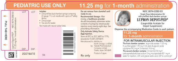 NDC 0074-3779-03 PEDIATRIC USE ONLY 11.25 mg for 3-month administration Single Dose Administration Kit with prefilled dual-chamber syringe. LUPRON DEPOT-PED® (Leuprolide Acetate for Depot Suspension) Dispense the accompanying Medication Guide to each patient. 11.25 mg for 3-month administration FOR INTRAMUSCULAR INJECTION The front chamber contains: leuprolide acetate 11.25 mg۰polylactic acid 99.3 mg۰D-mannitol 19.45 mg The second chamber contains: carboxymethylcellulose sodium 7.5 mg۰D-mannitol 75.0 mg۰polysorbate 80 1.5 mg۰water for injection, USP, and glacial acetic acid, USP to control pH Rx only 