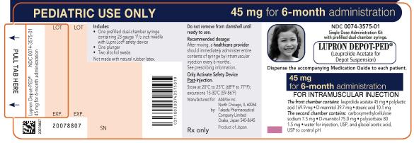 NDC 0074-3575-01 
PEDIATRIC USE ONLY 45 mg for 6-month administration 
Single Dose Administration Kit with prefilled dual-chamber syringe 
LUPRON DEPOT-PED®
(Leuprolide Acetate for Depot Suspension) 
Dispense the accompanying Medication Guide to each patient.
45 mg for 6-month administration 
FOR INTRAMUSCULAR INJECTION 
The front chamber contains: leuprolide acetate 45 mg۰polylactic acid 169.9 mg۰D-mannitol 39.7 mg۰stearic acid 10.1 mg 
The second chamber contains: carboxymethylcellulose sodium 7.5 mg۰D-mannitol 75.0 mg۰polysorbate 80 1.5 mg۰water for injection, USP, and glacial acetic acid, USP to control pH 
Rx only 
