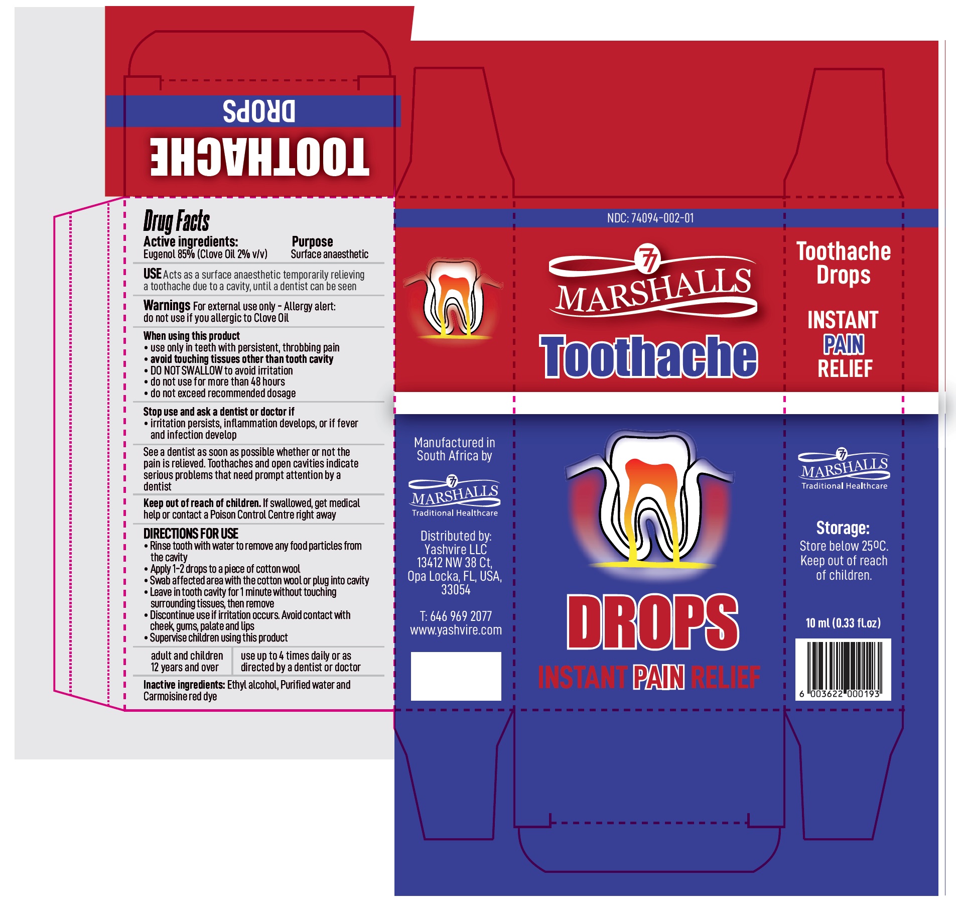 Marshall Toothache Drops - 10 ml (0.33 fl.oz) - NDC 74094-002-01 - Carton